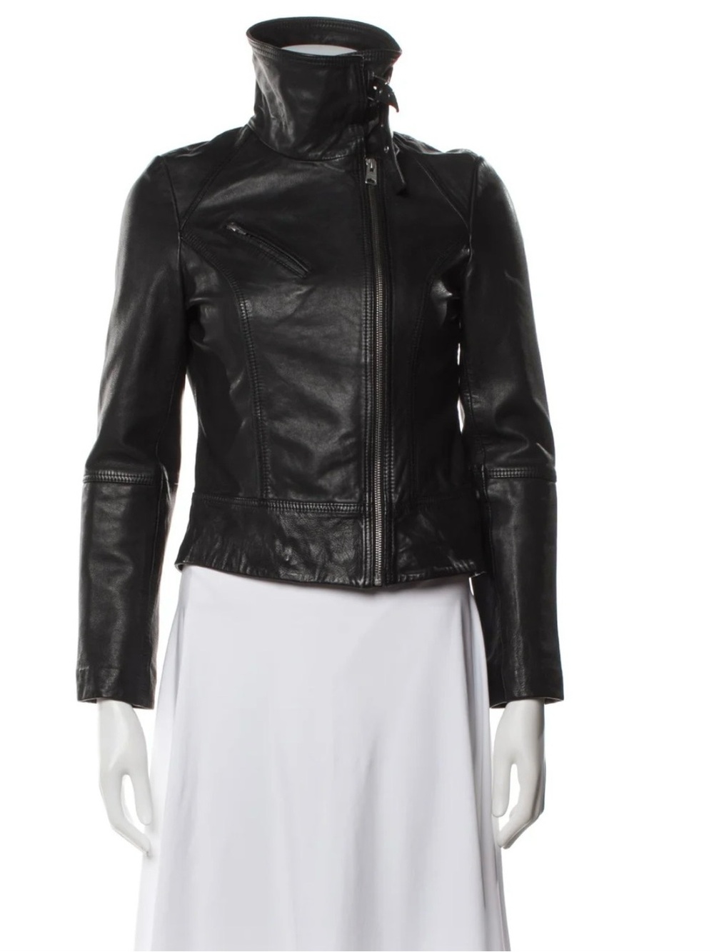 AllSaints Black Biker Leather High-Collar Zip Jacket